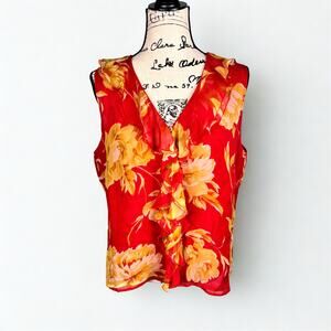 Vintage 90s Silk Blouse XL Sleeveless Ruffle Floral Romantic Summer Office